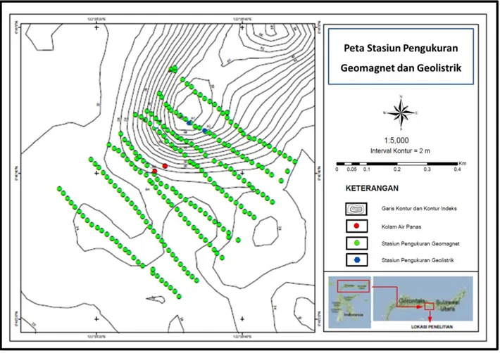 Gambar 1.  Peta  stasiun  pengukuran  geomagnet  dan  geolistrik  daerah  panas  bumi  Bongongoayu, Gorontalo 