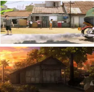Gambar 2 Visualisasi bangunan rumah yang berbeda  pada animasi Indonesia seperti rumah modern di  perkotaan (atas), rumah di kampung pinggir kota  (tengah) dan rumah tradisional di desa (bawah).
