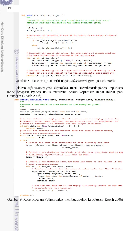Gambar 8  Kode program perhitungan information gain (Roach 2006). 