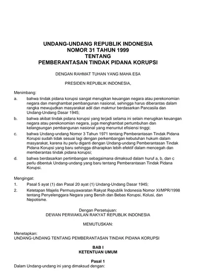 UNDANG-UNDANG REPUBLIK INDONESIA NOMOR 31 TAHUN 1999 TENTANG ...