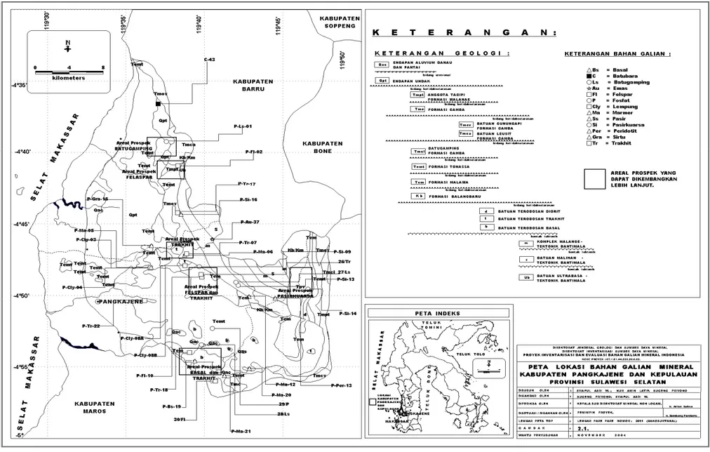 Gambar   2. 1. :  Peta  Lokasi  Bahan  Galian  Mineral  Daerah  Kabupaten  Pangkajene Dan  Kepulauan,  Provinsi  Sulawesi  Selatan