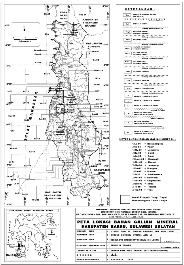 Gambar    2.2. :  Peta  Lokasi  Bahan Galian Mineral di Daerah  Kabupaten  Barru, Provinsi   Sulawesi  Selatan
