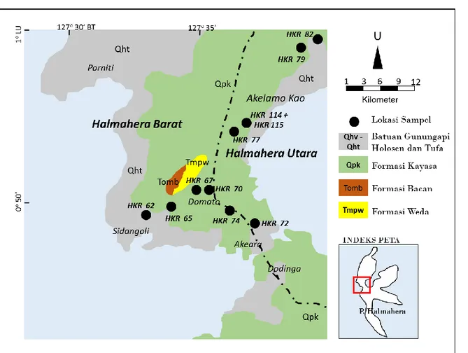Gambar  2.  Lokasi  pengambilan  sampel  pada  domain  Formasi  Kayasa  di  bagian  tengah  Pulau  Halmahera 