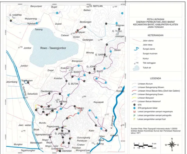 Gambar 1.   Peta lokasi dan lintasan penelitian yang meliputi daerah Perbukitan Jiwo Barat, Bayat,  Klaten, Jawa Tengah 