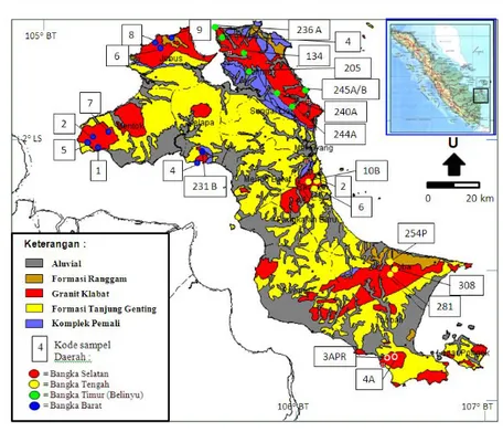 Gambar 1 . Peta Geologi dan lokasi pengambilan sampel Granit Klabat di       Pulau Bangka