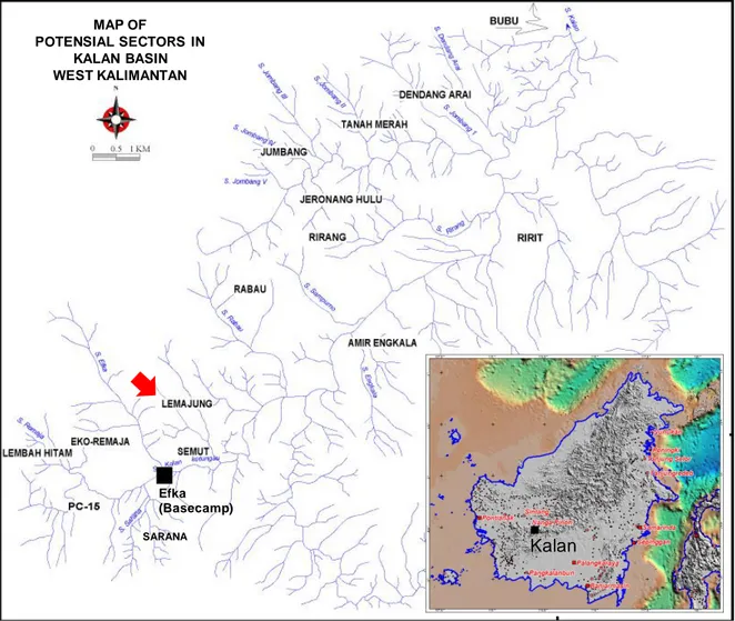 Gambar 1. Peta sektor-sektor potensial di Cekungan Kalan, Kalimantan Barat Efka  (Basecamp)MAP OF POTENSIAL SECTORS  IN KALAN  BASINWEST KALIMANTANSARANAKalan