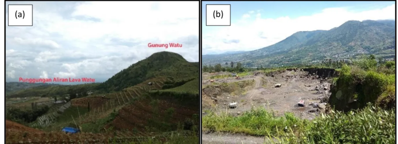 Gambar  5.  (a)  Kenampakan  Punggungan  Aliran  Lava  Watu  beserta  Gunungapi  Watu  di  lapangan