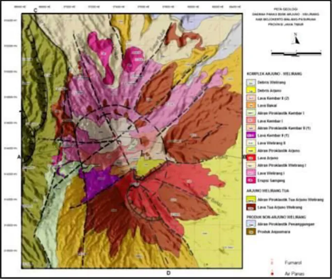 Gambar 1.  Komponen Satuan Batuan dan Struktur Geologi Komplek Gunung Arjuno-Welirang.