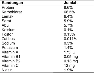 Tabel 1. Komposisi Unsur –Usur di Dalam 100 gram Jahe  Kandungan  Jumlah  Protein  8.6%  Karbohidrat  66.5%  Lemak  6.4%  Serat  5.9%  Abu  5.7%  Kalsium  0.1%  Fosfor  0.15%  Zat besi  0.011%  Sodium  0.3%  Potasium  1.4%  Vitamin A  175 IU  Vitamin B1  0