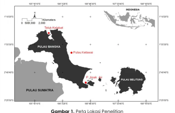 Gambar 1. Peta Lokasi Penelitian  Tabel 1 Karakteristik lokasi penelitian di Pulau Bangka 