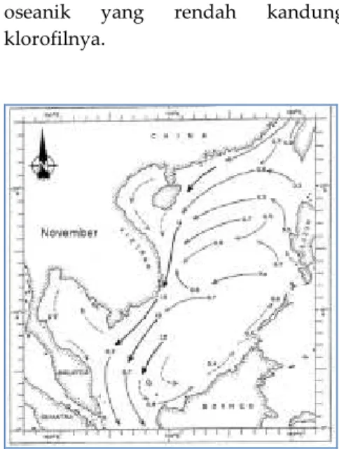 Gambar  6.   Pola arus permukaan pada  bulan Nopember di Laut Cina selatan  (Dunster, 2007) 