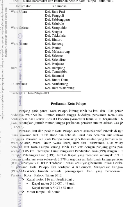 Tabel 2  Nama kecamatan dan kelurahan pesisir Kota Palopo Tahun 2012 