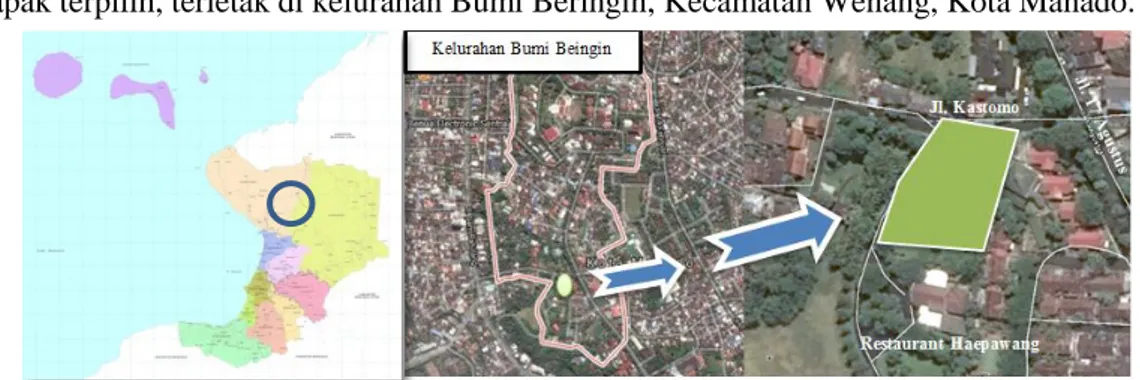 Gambar 1 Peta Kota Manado (kiri), peta kelurahan Bumi Beringin (tengah), lokasi tapak terpilih (kanan) 