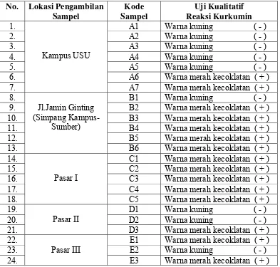 Tabel 4.1.  Hasil Pemeriksaan Kualitatif Boraks Pada Lontong di KelurahanPadang Bulan Kota Medan Tahun 2009  