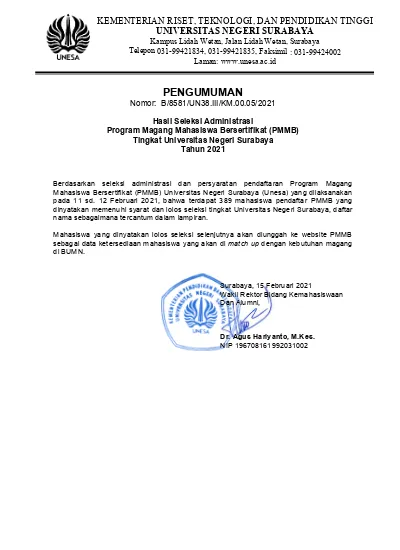 PENGUMUMAN Nomor: B/8581/UN38.III/KM.00.05/2021