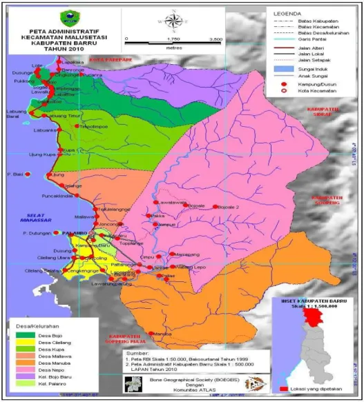 Gambar 1.1. Peta Kecamatan Mallusetasi Kabupaten Barru (Peta administratif  Kabupaten Barru, 2010) 