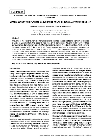 66 Jurnal Perikanan (J. Fish. Sci.) XI (1): ISSN: KUALITAS AIR DAN ...