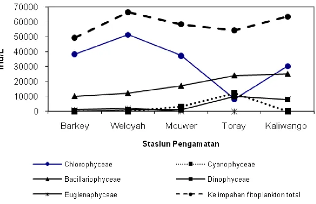 Gambar 2. Fluktuasi kelimpahan fitoplankton berdasarkan atas stasiun pengamatan. Figure 2