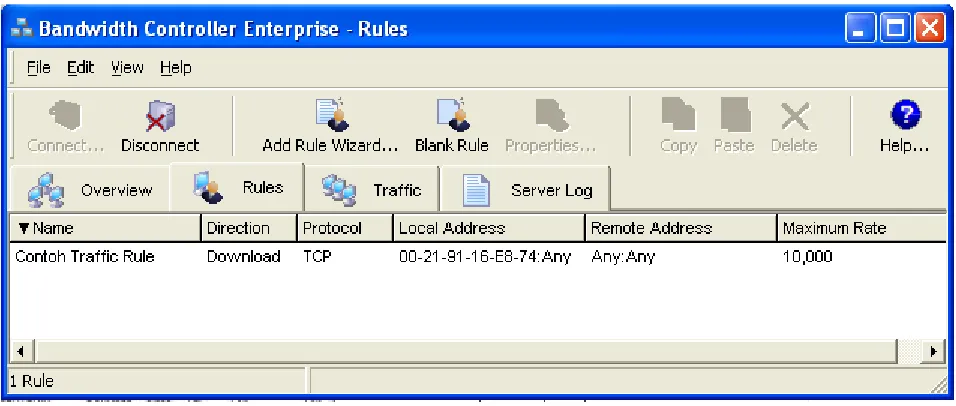 Gambar di bawah adalah contoh untuk memblock sebuah computer dengan option Filter. Pemakai Bandwidth Controller cukup memasukan nomor IP computer lain dan memasukan daftar pada software Bandwidth Controller