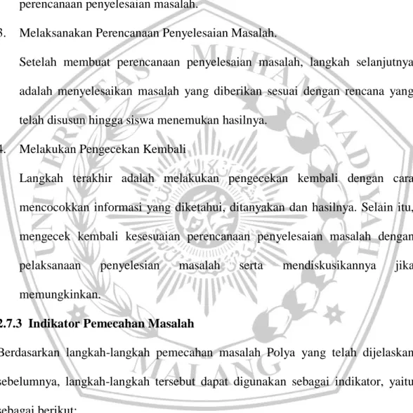 Tabel 2.6 Indikator Pemecahan Masalah Polya 