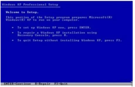 Gambar diatas merupakan bagian dari proses install sistem operasi Windows XP. Dari tahapan install sistem operasi diatas terdapat 3 pilihan ketahap selanjutnya, jelaskan ketiga pilihan (ENTER, Repair dan Quit) tersebut!