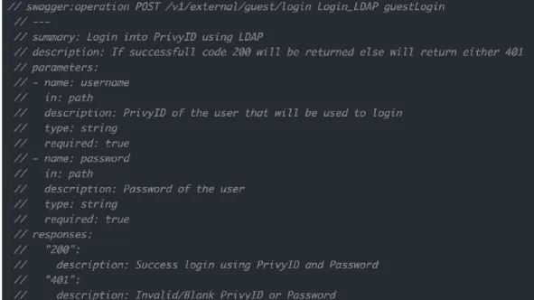 Gambar  3.2  adalah  merupakan  comment  yang  dibuat  didalam  function  login,  dari  comment  tersebut  swagger  akan  mengkonversinya menjadi bentuk JSON seperti berikut: 