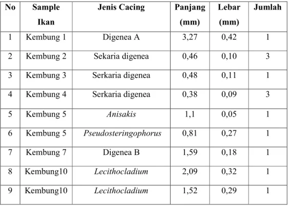 Tabel 1. Jenis, ukuran dan jumlah cacing parasitik yang ditemukan   No  Sample 