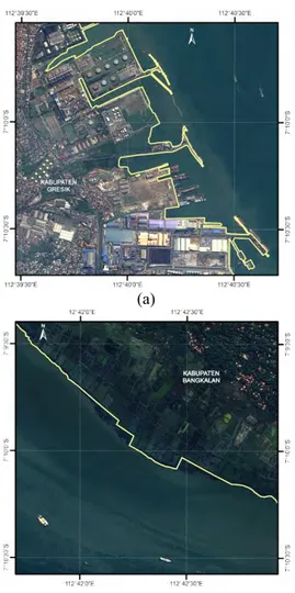 Gambar 4.2 Penentuan Garis Pantai Muka Air Tinggi (High  Water Level) Pada Wilayah Pantai Buatan (a) Pelabuhan, (b) Tambak