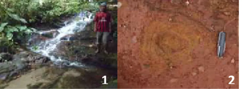 Gambar .2. (1) Singkapan Satuan Granit (Jgr) di lembah Sungai Batang Tebo, (2) Breksi Vulkanik  pada Satuan Undifferentiated Volcanic Rocks (Qyu) yang sudah lapuk dan mempunyai struktur 