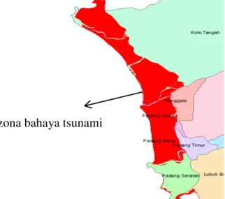 Gambar 1. Peta Kota Padang dan Zona Bahaya Tsunami zona bahaya tsunami 