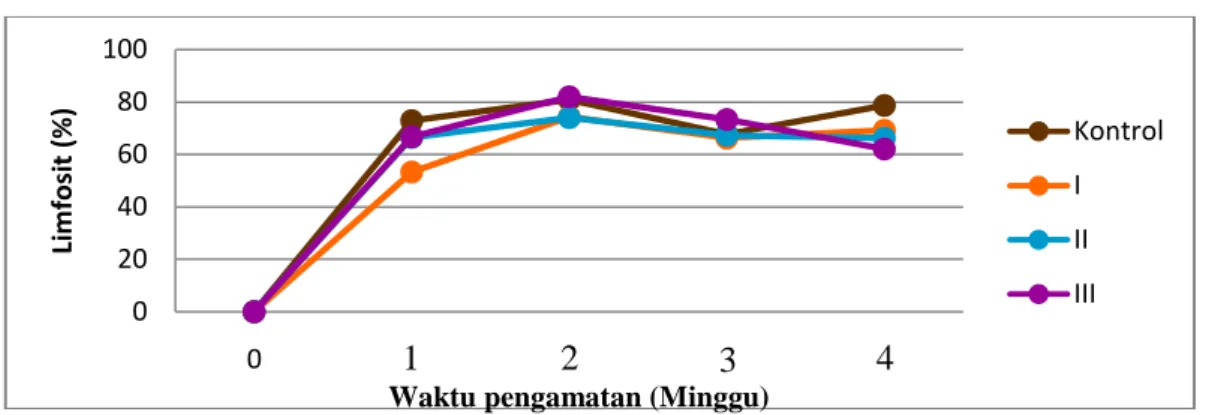 Gambar 5. Grafik jumlah limfosit ikan uji pada tiga minggu pemberian BAL dan  seminggu setelah dilakukannya infeksi V