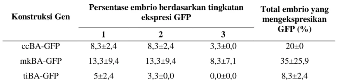 Tabel 2. Tingkat  ekspresi  gen  ccBA-GFP,  mkBA-GFP  dan  tiBA-GFP  pada  embrio ikan mas