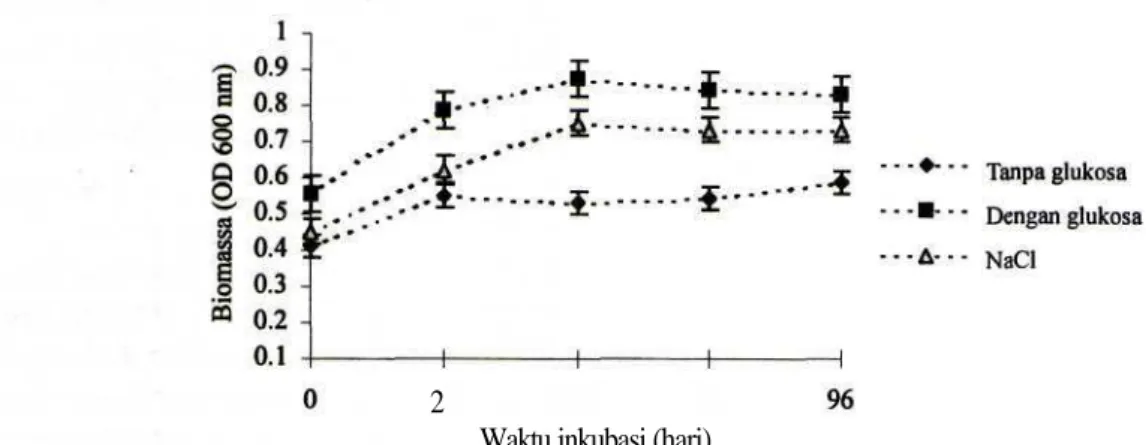 Gambar 1. Profil pertumbuhan biomassa kultur Candida sp. yang ditumbuhkan pada media dengan glukosa, penambahan glukosa dan tanpa glukosa.