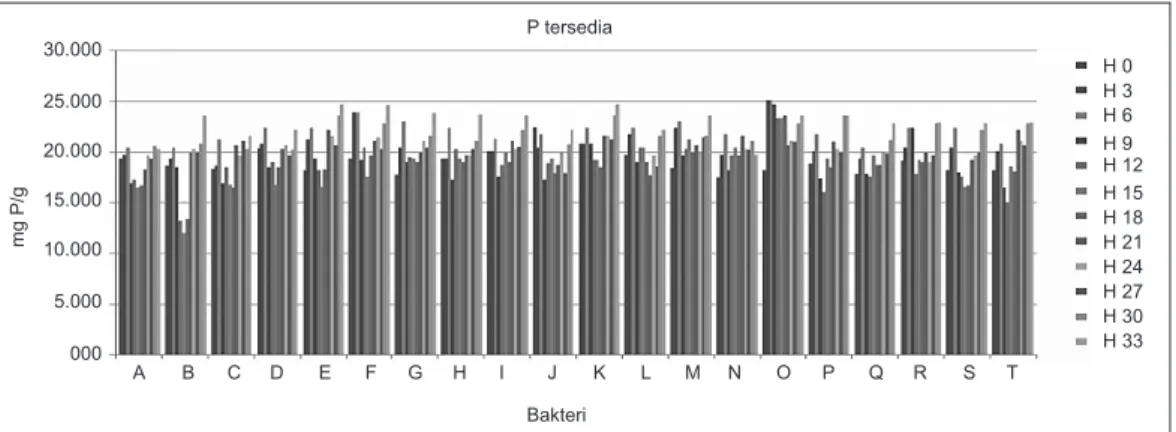 Gambar 3. Grafik pengukuran konsentrasi P tersedia selama inkubasi dari 0 hari (H0) sampai  33 hari (H33) pada 20 jenis mikroba pelarut fosfat