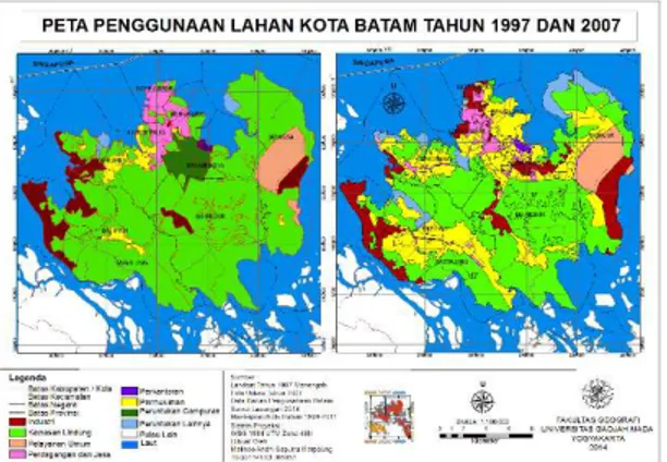 Gambar 1. Peta Penggunaan Lahan tahun 1997-2007  Tahun  2007,  penggunaan  lahan  di  Pulau Batam sudah berubah sangat drastis