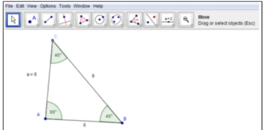 Gambar 2.2 Mengkonstruksi segitiga sama kaki dengan menggunakan Geogebra