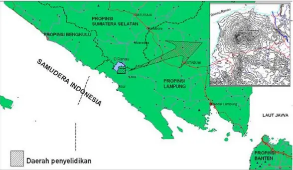 Gambar 1. Peta lokasi panas bumi Danau Ranau Kabupaten Lampung Barat-Oku   Selatan, Provinsi Lampung dan Sumatera Selatan 