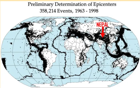 Gambar diatas adalah letak episenter gempa bumi di dunia dari tahun 1963 hingga 1998.  NEPAL 