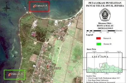 Gambar    1.    menunjukkan  lokasi  penelitian dan letak stasiun di setiap lokasi di  Teluk  Awur,  Jepara
