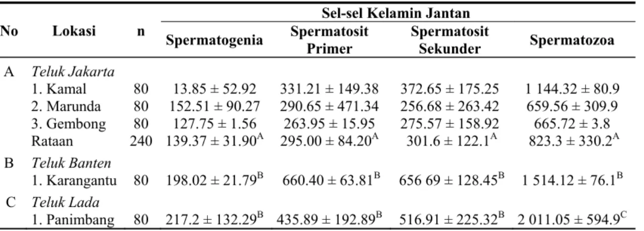 Tabel 6.  Rataan Sel-sel Kelamin Jantan Kerang Hijau Berasal dari Teluk Jakarta, Banten dan Lada
