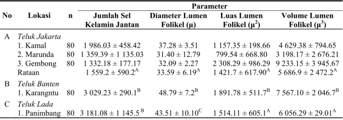 Tabel 7.  Rataan Jumlah Sel-sel Kelamin, Diameter dan Volume Lumen pada Kerang Hijau Jantan Ber- Ber-asal dari Teluk Jakarta, Banten dan Lada