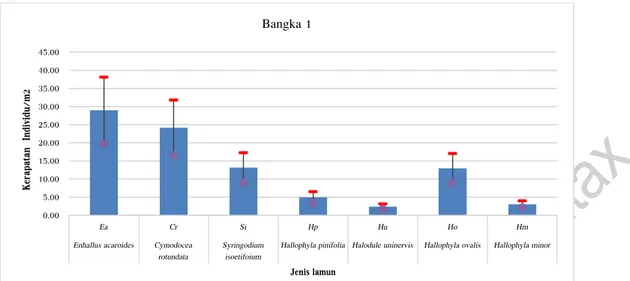 Gambar 1. Kerapatan lamun tiap spesies (ind./m 2 )  di Pulau Bangka Transek 1. 