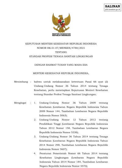 KEPUTUSAN MENTERI KESEHATAN REPUBLIK INDONESIA NOMOR HK.01.07/MENKES ...