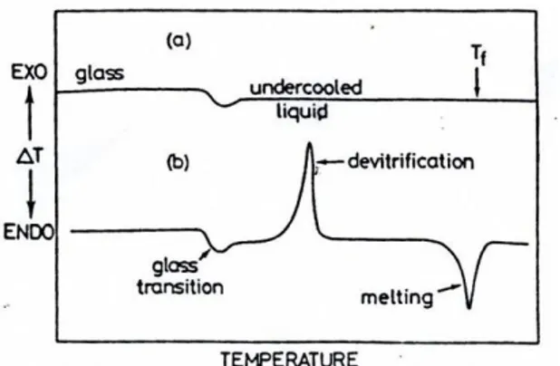 Gambar 7. DTA pada pemanasan (a) gelas yang tidak mengalami devitrifikasi dan  tidak memperlihatkan proses termal lain selain titik transisi gelas dan (b) gelas yang 