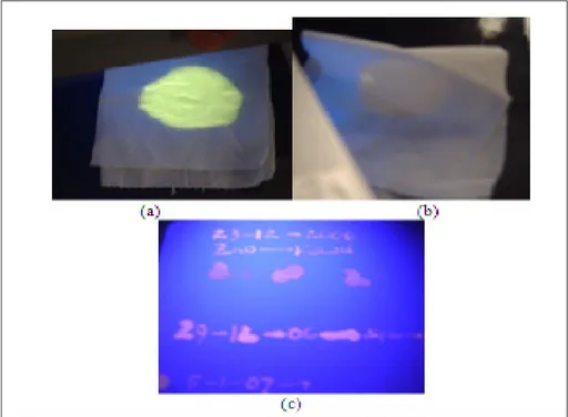 Gambar 5. Luminescence ZnO (a) di atas kertas tisu dengan UV 14  dan (b) tanpa UV 