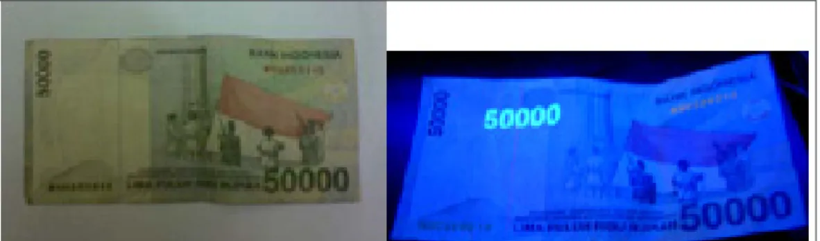Gambar 7. Mata uang kertas Rp50.000,- ketika tidak disinari UV (kiri) dan ketika disinari UV (kanan)
