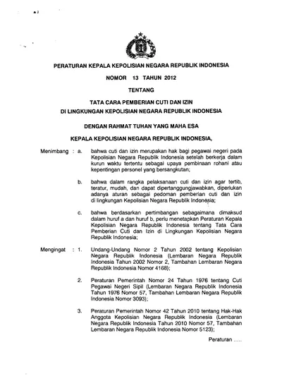 PERATURAN KEPALA KEPOLISIAN NEGARA REPUBLIK INDONESIA NOMOR 13 TAHUN ...