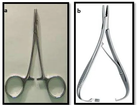 Gambar 1. Jenis-jenis needle holder (a). Crille wood (bentuknya seperti klem) dan (b)