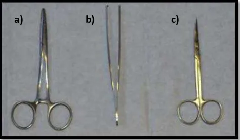 Gambar 2. Alat yang digunakan dalam melakukan  penjahitan luka: (a) Needle holder; (b) Pinset chirurgis; (c) Gunting benang7 