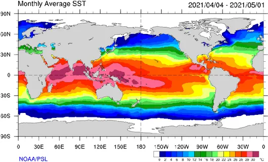 Gambar 6. Rata-rata Suhu Muka Laut April 2021  (Sumber: https://psl.noaa.gov/map/images/sst/sst.month.gif )